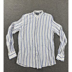 Luigi Fusaro Shirt Mens Large White Blue Stripe Linen Band Collar Long Sleeve